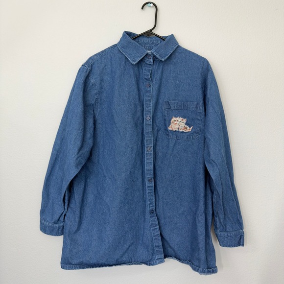 The Bradford Exchange Tops - The Bradford Exchange Denim Shirt Womens 2X Blue Good Embroidered Cat Kitten